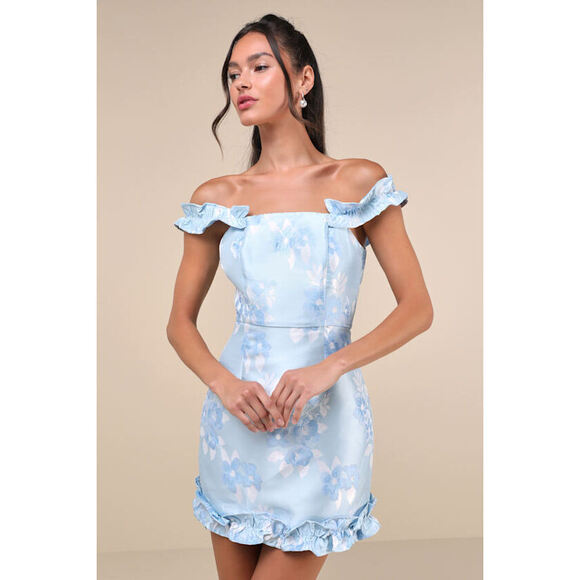 Lulus Dresses & Skirts - NWT Lulus Pop The Bottle Light Blue Floral Jacquard Ruffled Mini Dress - Size M